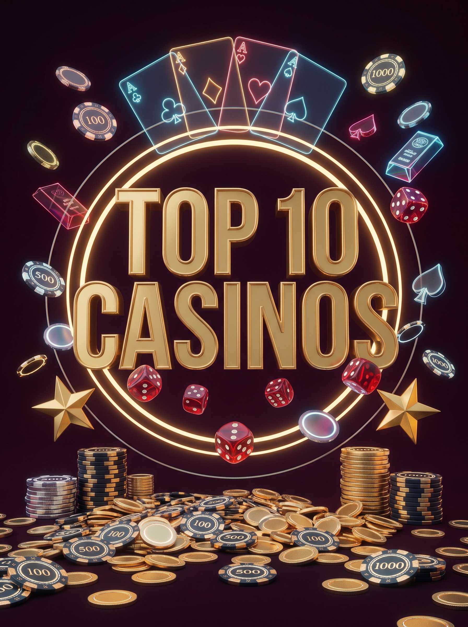 Gold Top 10 Casinos lettering with neon cards, dice and casino chips